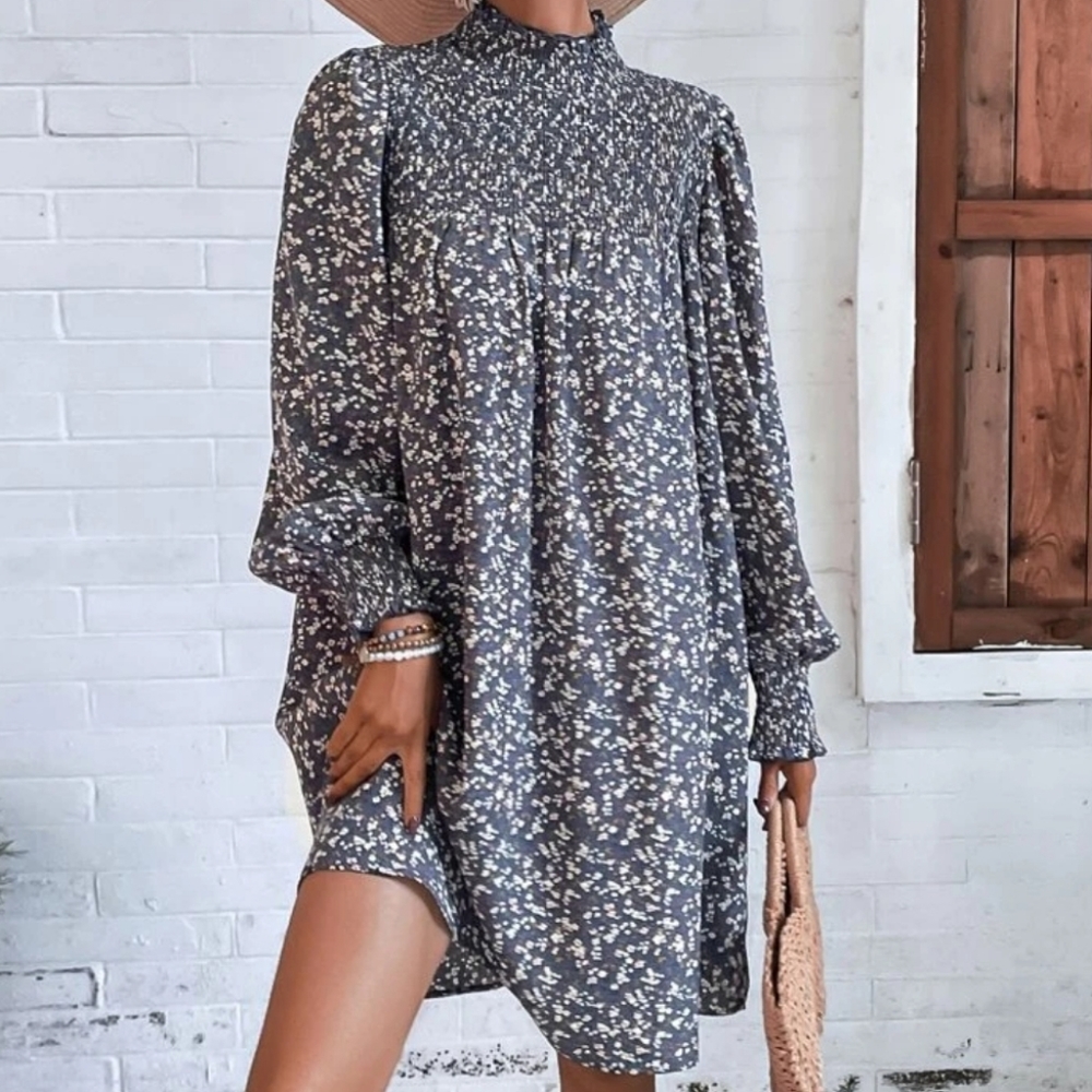 SHEIN Charcoal Floral Smocked High-Neck Long Sleeve Mini Dress